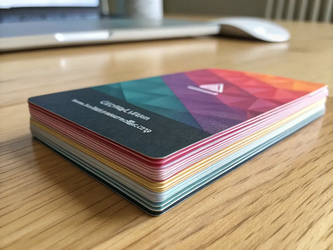 A close-up shot of a stack of elegantly designed business cards with a focus on the texture and print quality, showcasing the premium materials used by Mbh-Online.app.