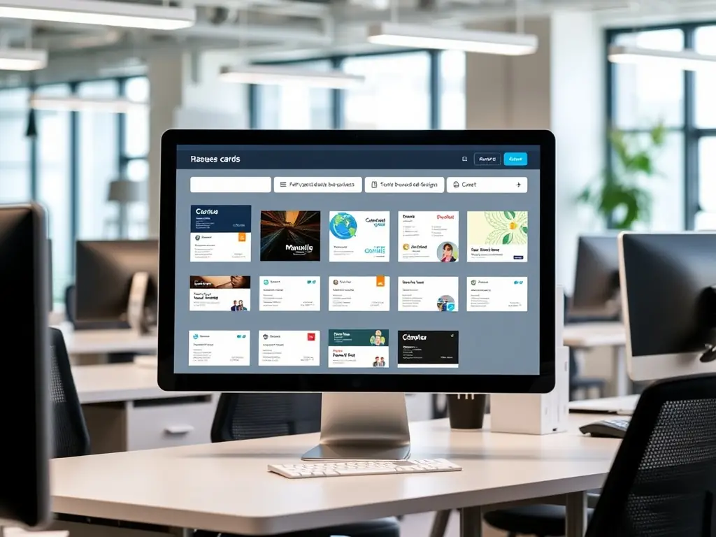 A digital illustration of a user interface showcasing the business card design tool on Mbh-Online.app, highlighting the drag-and-drop functionality and customization options.